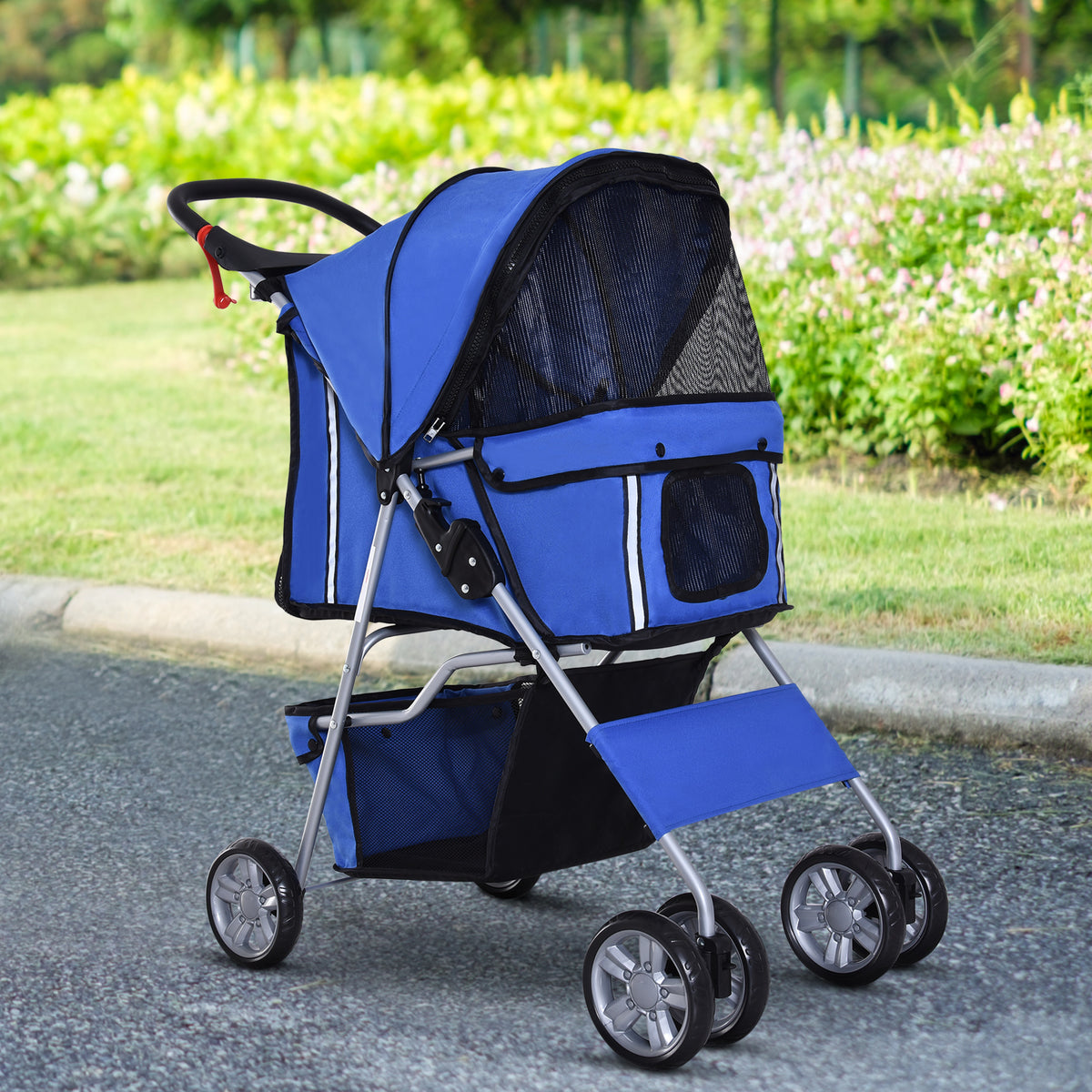  Pet Stroller for Small Miniature Dogs Cats Foldable Travel Carriage with Wheels Zipper Entry Cup Holder Storage Basket Blue