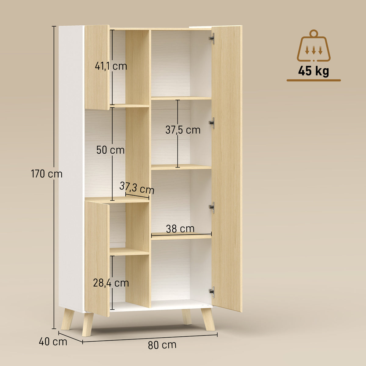 170 cm Küchenschrank, Moderner Schrank mit offenem Fach, verstellbaren Regalen, Naturholz-Optik