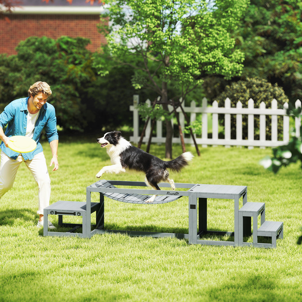 3 Pieces Wooden Dog Agility Training Equipment with Soft Bridge, Pause Platform and Pet Stair for Outdoor, Grey