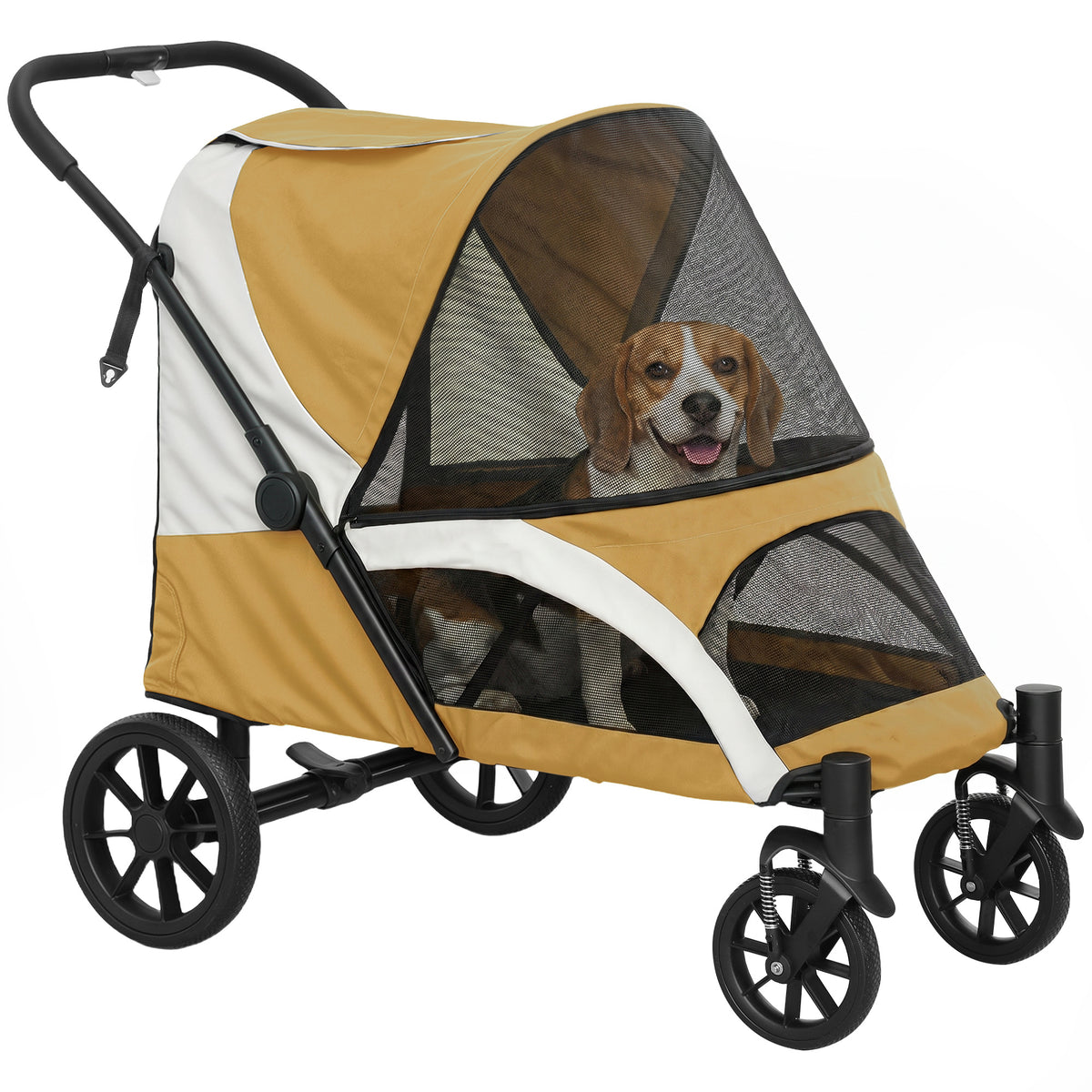 Hundewagen, Faltbarer Hundebuggy für mittelgroße Hunde, Haustierwagen mit 4 Rädern, Sicherheitsleinen, Bremsen, Braun