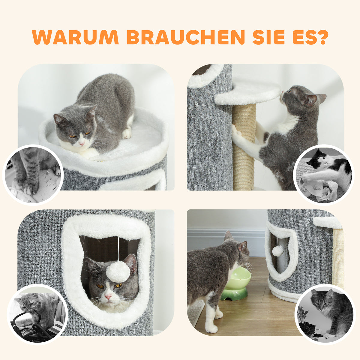 Kratztonne 101 cm hoch für Katze bis 6 kg mit Höhle Spielball Grau