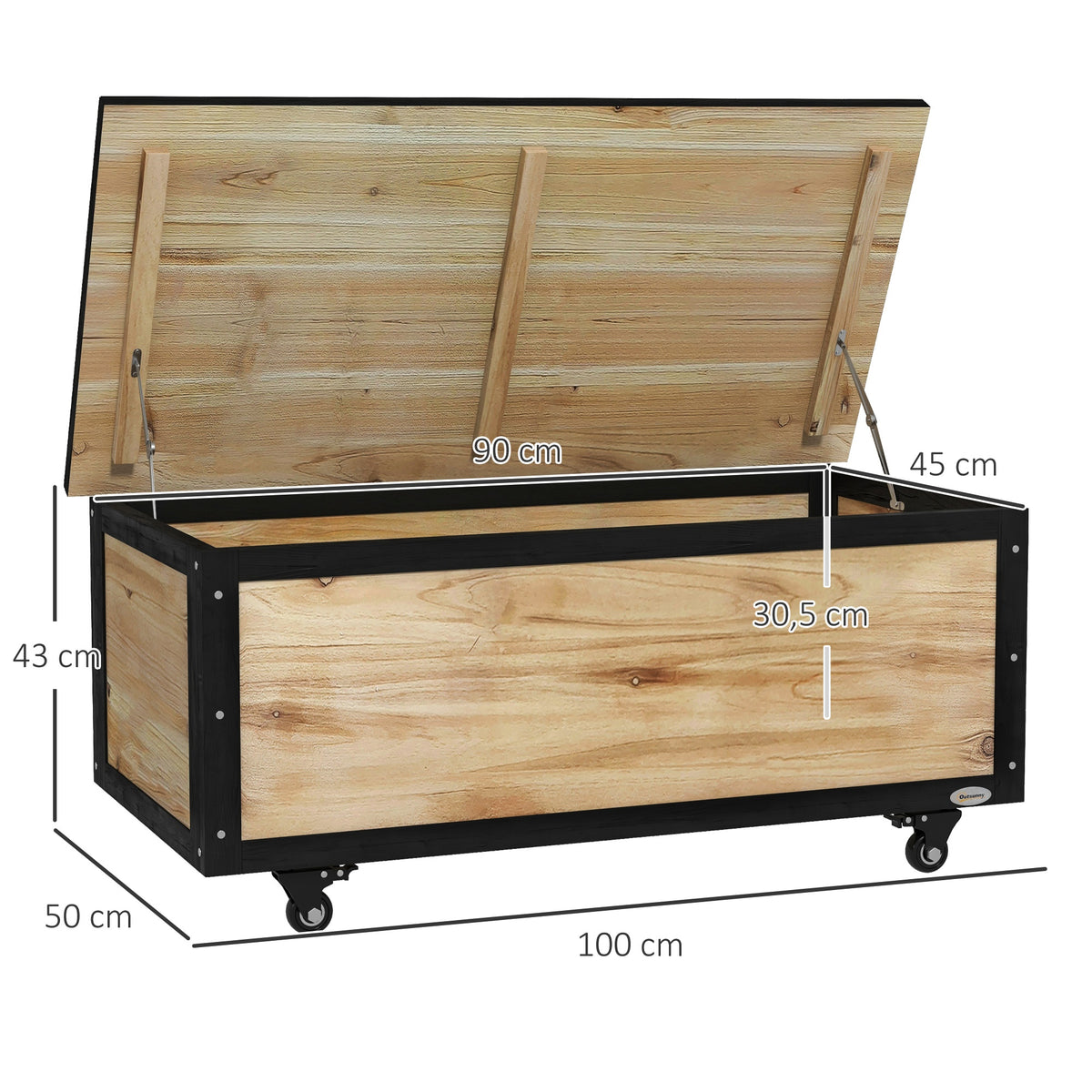 Garten-Aufbewahrungsbox, 121 Liter, 2 R?der, wetterfest, Metallscharniere, Naturholz, 100x50x43 cm