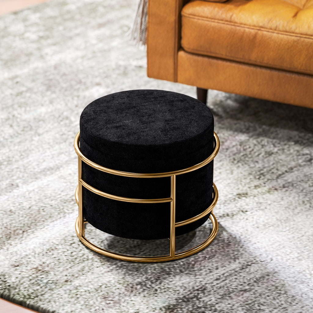 Sitzhocker mit Stauraum, gepolsterter Fu?hocker, Metallrahmen, vergoldet, Schwarz