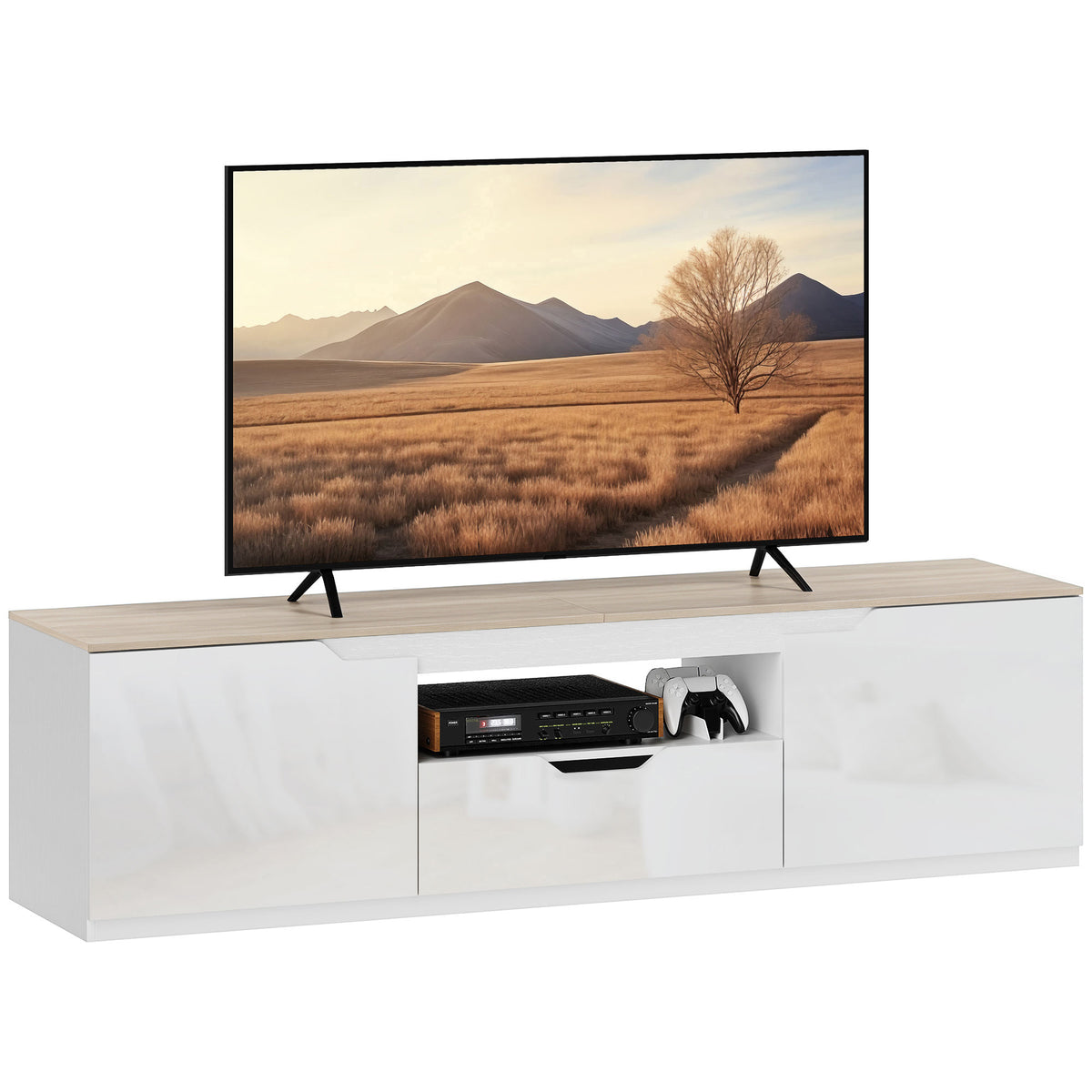 TV-Lowboard, Hochglanz, für Fernseher bis 65'', 3 Fächer, Schublade, 160 x 38 x 43 cm, Naturholz