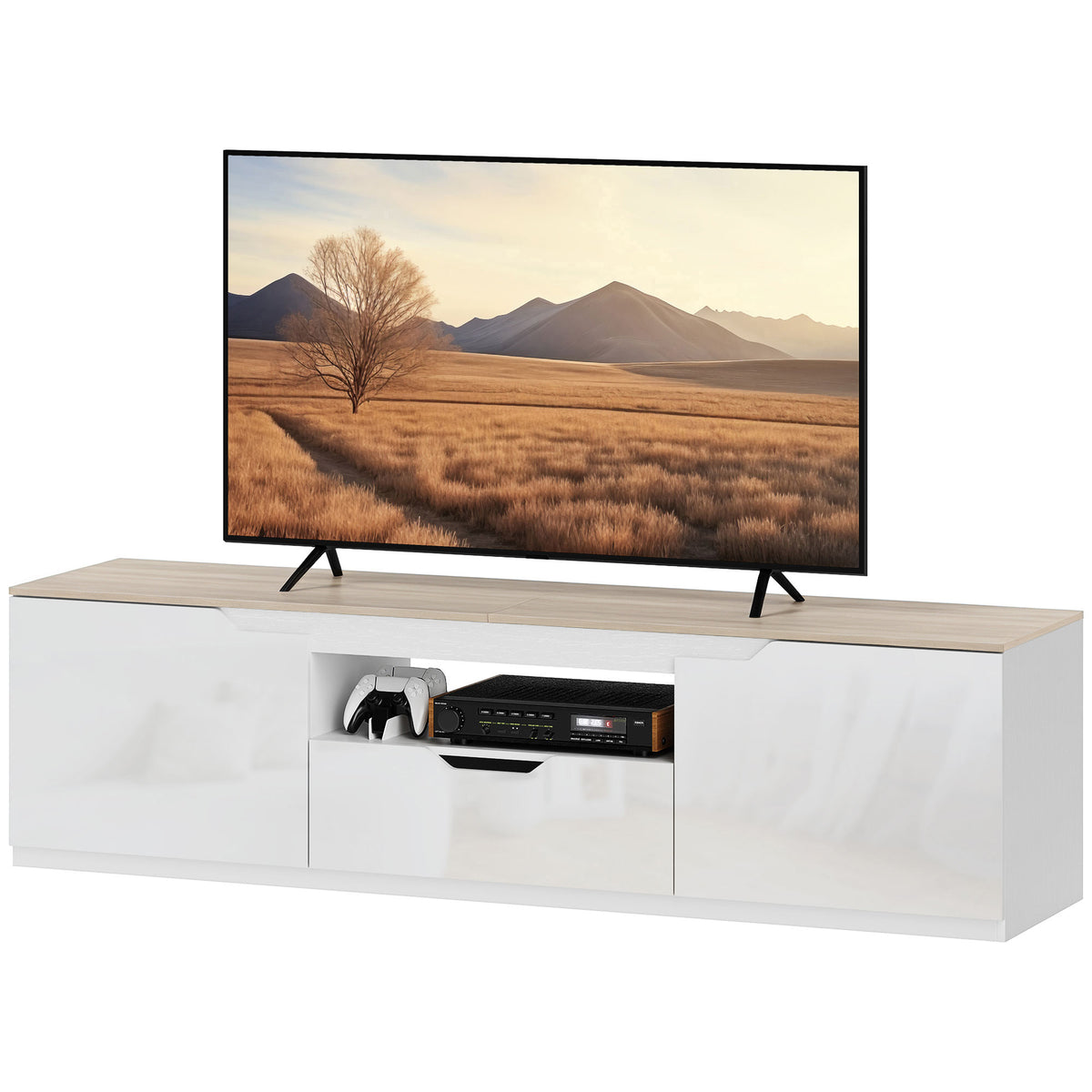 TV-Lowboard, Hochglanz, für Fernseher bis 65'', 3 Fächer, Schublade, 160 x 38 x 43 cm, Naturholz