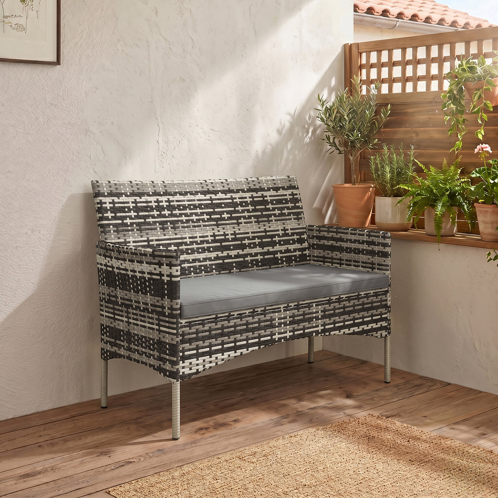2-Sitzer Rattan Gartensofa PE-Rattan Outdoor-Terrassen-Sofa mit Polster, Anti-Rutsch-Matten, Stahlrahmen, Hellgrau