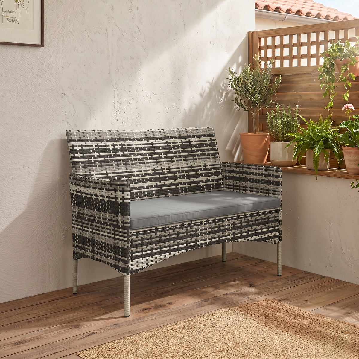 2-Sitzer Rattan Gartensofa PE-Rattan Outdoor-Terrassen-Sofa mit Polster, Anti-Rutsch-Matten, Stahlrahmen, Hellgrau