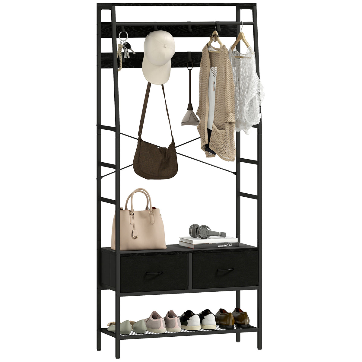 Garderobenständer mit Schuhregal, Kleiderständer im Industrie-Design, 2 Stoffschubladen, 8 Haken, Metallrahmen, Schwarz