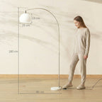 Stehlampe, gebogener Kopf, Fußschalter, Marmorsockel, Kunststoffschirm, Weiß
