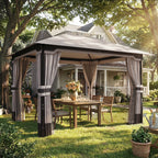 3 x 3.6 m Outdoor Garden Gazebo with Netting and Curtains, Double Roof Patio Gazebo Permanent Pavilion, Khaki