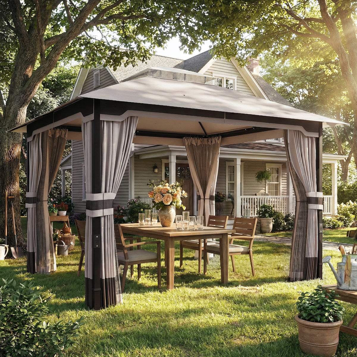 3 x 3.6 m Outdoor Garden Gazebo with Netting and Curtains, Double Roof Patio Gazebo Permanent Pavilion, Khaki