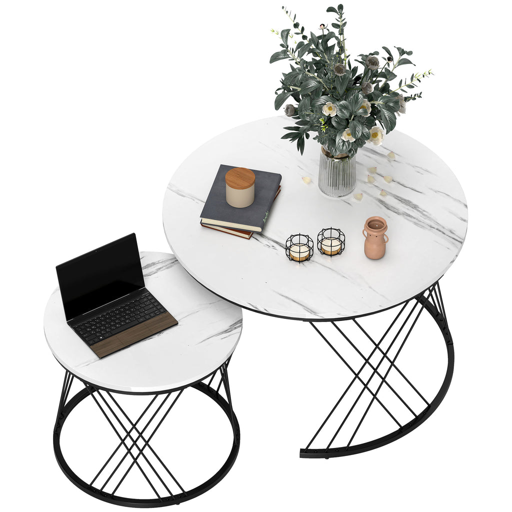 Couchtische im 2er-Set, Marmoroptik, Spanplatte, Metall, runde Kaffeetische f¨¹r Wohnzimmer, ineinanderstellbar, Wei?