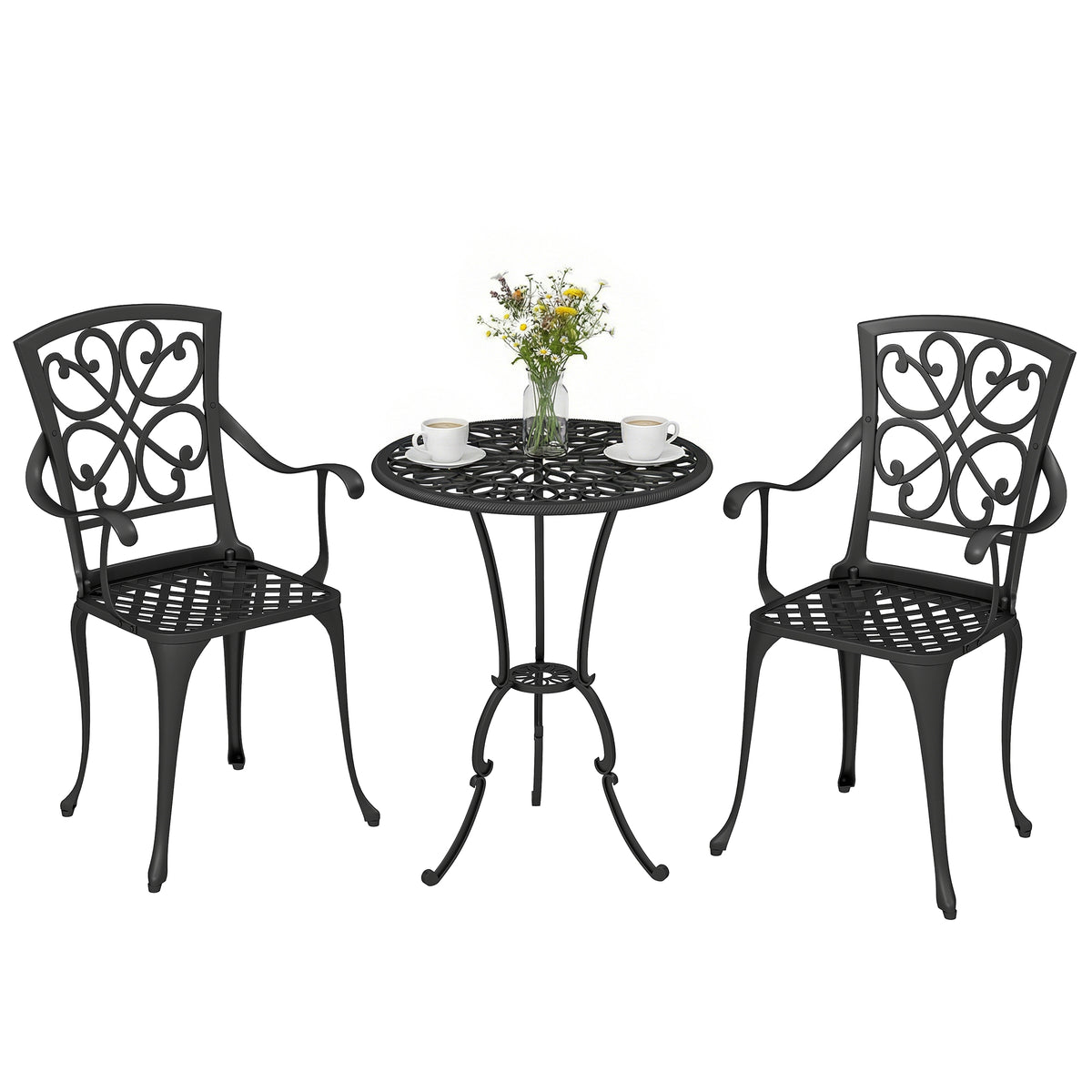 3-teiliges Garten Bistro Set runder Bistrotisch mit 2 Stühlen Sonnenschirmloch, Antik aus Aluminiumguss