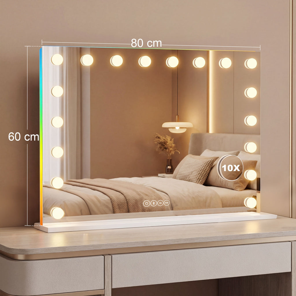 Hollywood Schminkspiegel mit 18 dimmbaren LED-Lampen, 3 Farben, RGB-Licht, Bluetooth-Lautsprecher, 10x Vergrößerung Weiß