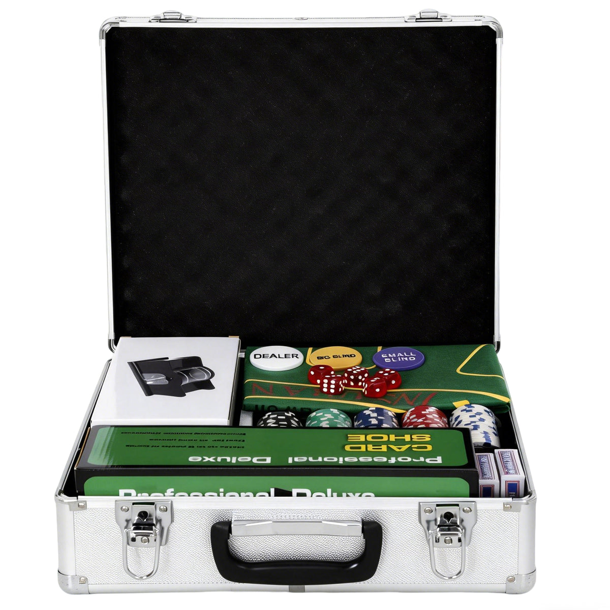 500-Piece Poker Chips Set with Card Shuffler, Card Shoe, Case, Casino Texas Holdem Poker Set with Mat, Silver Tone