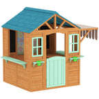 Outdoor Kinderspielhaus mit Verkaufstheke Pflanzenkasten Kreidetafel Zieltuch 4 Ball 142 x 120 x 141,5 cm Mehrfarbig
