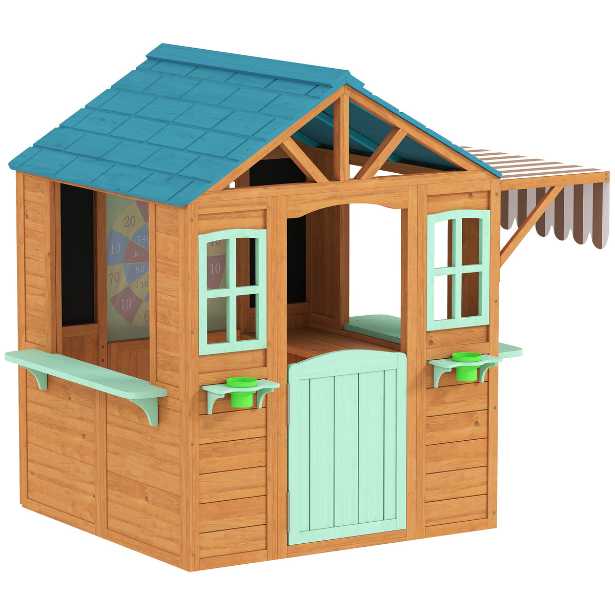 Outdoor Kinderspielhaus mit Verkaufstheke Pflanzenkasten Kreidetafel Zieltuch 4 Ball 142 x 120 x 141,5 cm Mehrfarbig