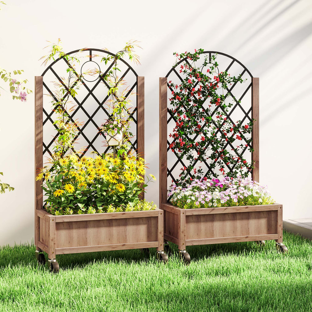 Wooden Planter, with Metal Trellis - Brown/Black