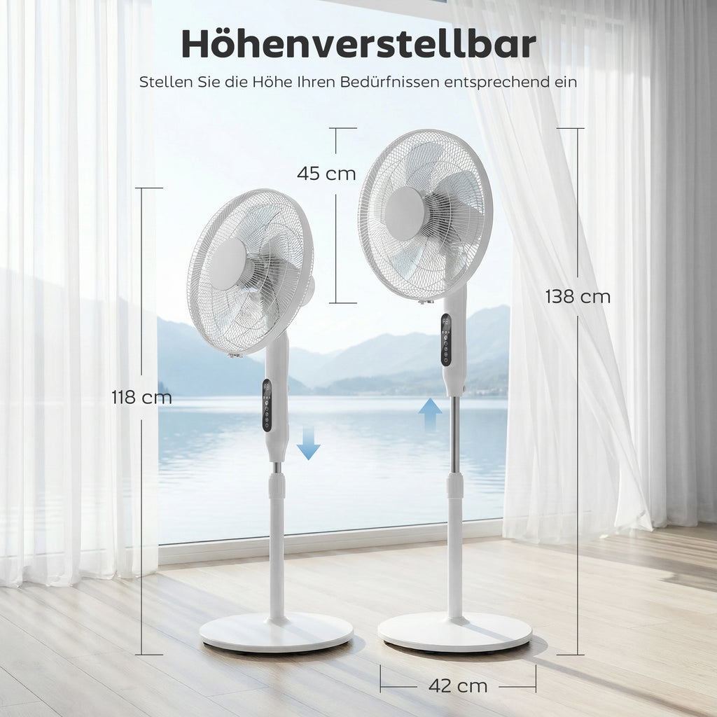 Standventilator mit 15-Stunden-Timer, 85° Oszillation, LED-Bedienfeld, Fernbedienung, weiß