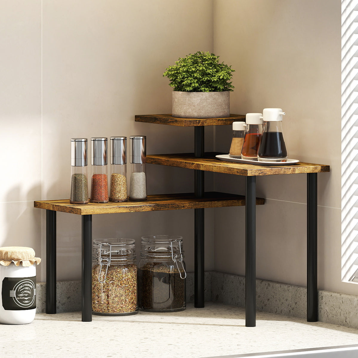 3-Tier Kitchen Countertop Organiser, Adjustable Spice Rack, Corner Shelf for Kitchen, Coffee Bar, Bathroom, Rustic Brown
