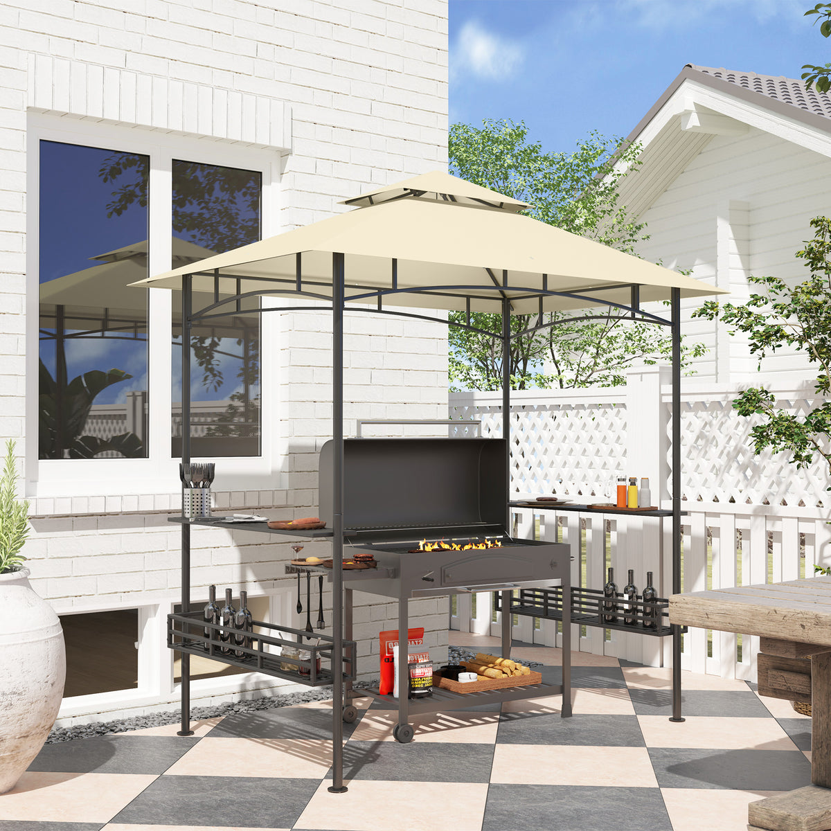 Grill-Zelt, BBQ-Zelt, Gartenpavillon mit 2 Regalen, Aufbewahrungskörbe, Haken, für Terrasse, Beige