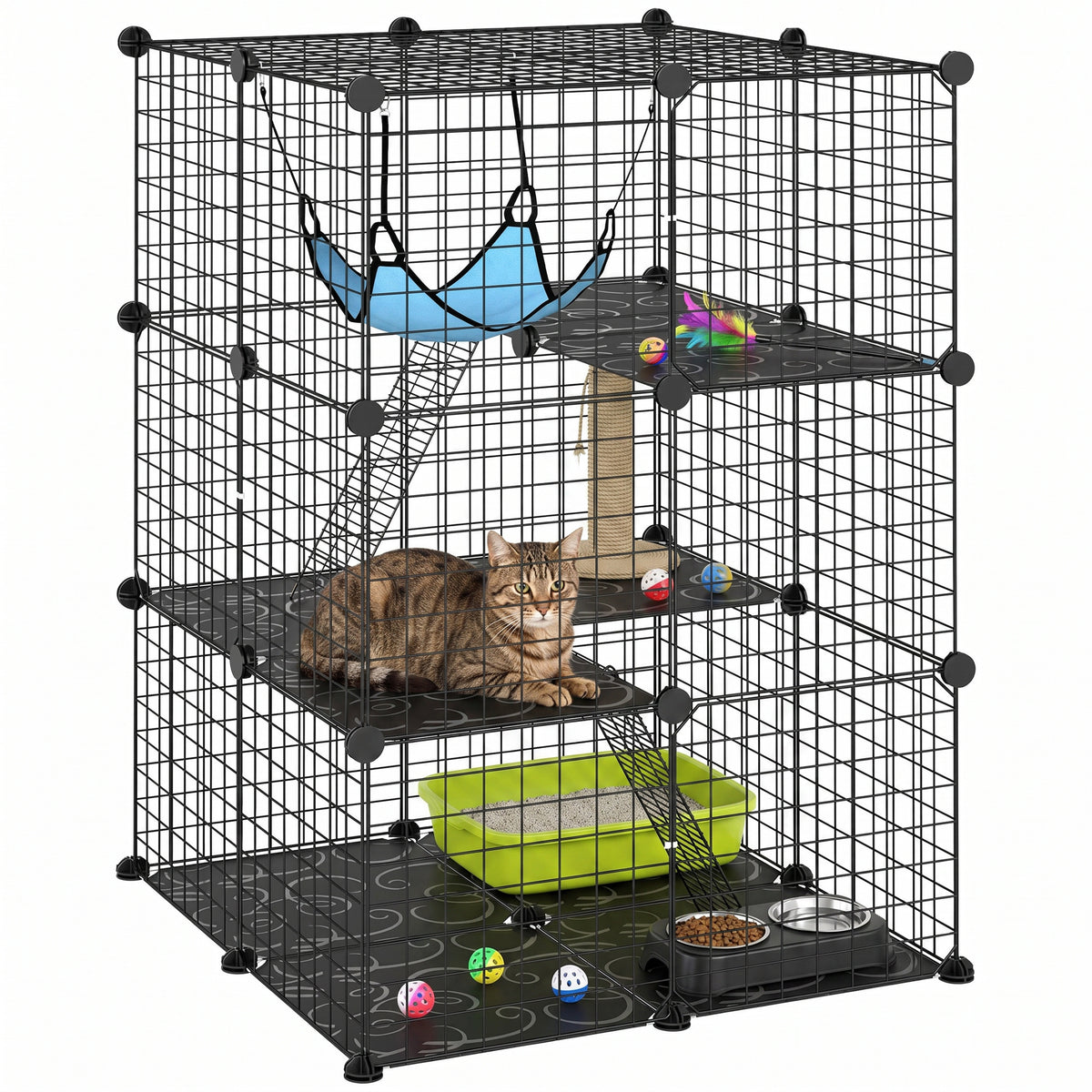 Indoor Cat Cage DIY Customizable 3-Tier Indoor Cat Enclosure with 3 Doors and Hammock 105 cm Black