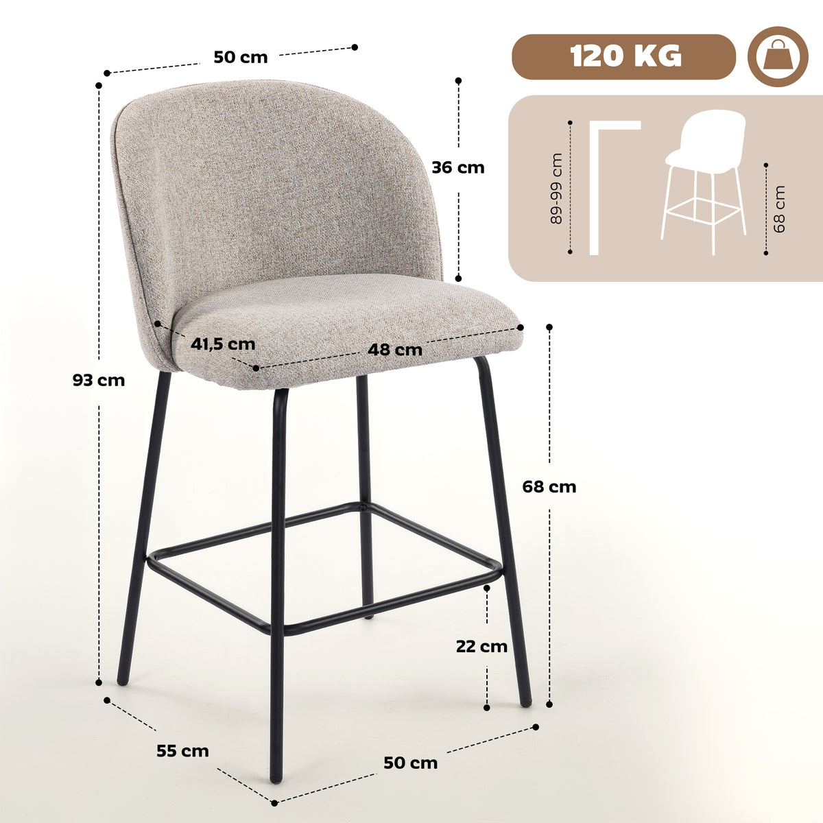 2er-Set Barhocker mit Rückenlehne und Fußstütze, Polsterstühle mit Stahlbeinen für Kücheninsel, Esszimmer, Hellgrau