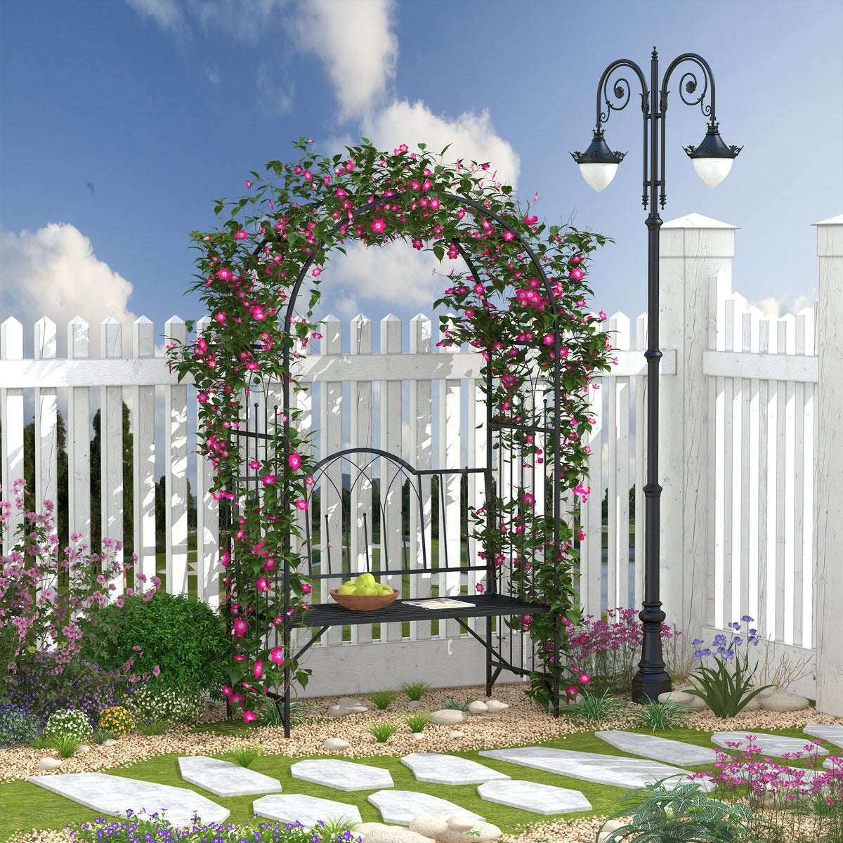  Rosenbogen aus Metall Rankhilfe für Kletterpflanzen Gartenbogen mit Bank Spitze Torbogen Rankbogen für Rosen Bögen Rankgitter Rosenhilfe für Garten 115 x 59 x 203 cm Schwarz