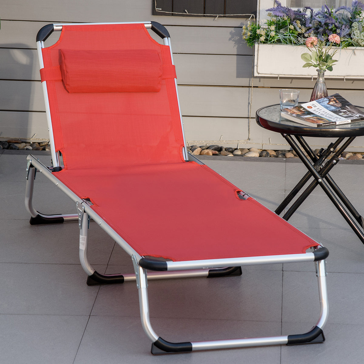 Sonnenliege faltbar Gartenliege mit Kopfkissen Liegestuhl mit der 4-stufig verstellbaren Rückenlehne Campingliege bis 120 kg belastbar für Outdoor-Park, Garten, Rot
