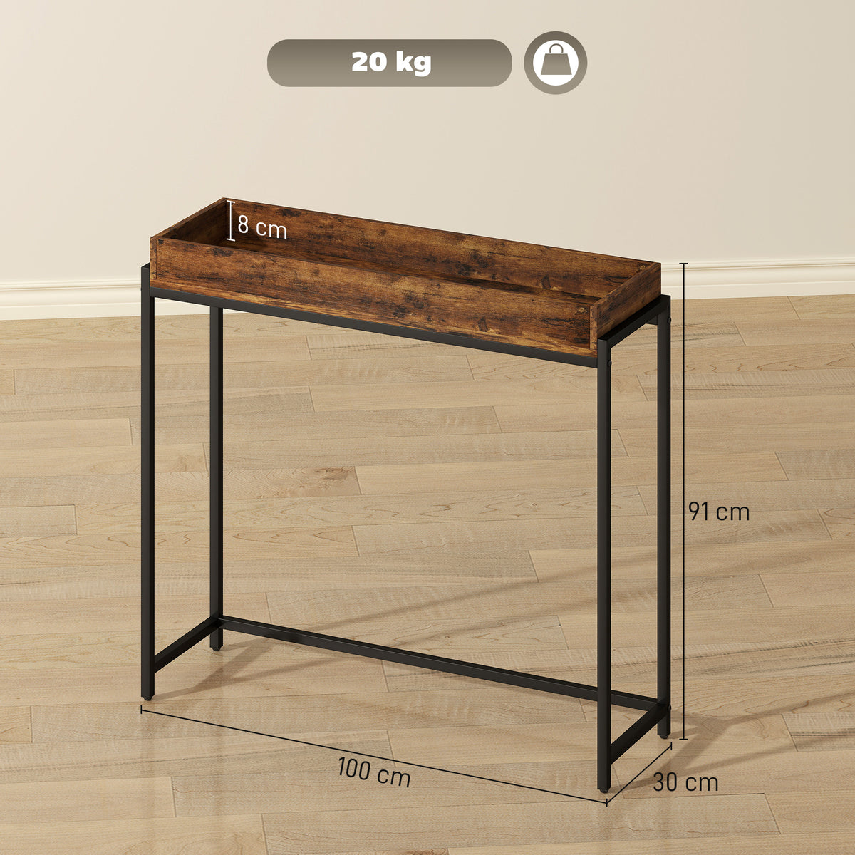 Flurtisch, schmaler Konsolentisch, Metall, Spanplatte, Rustikal-Braun