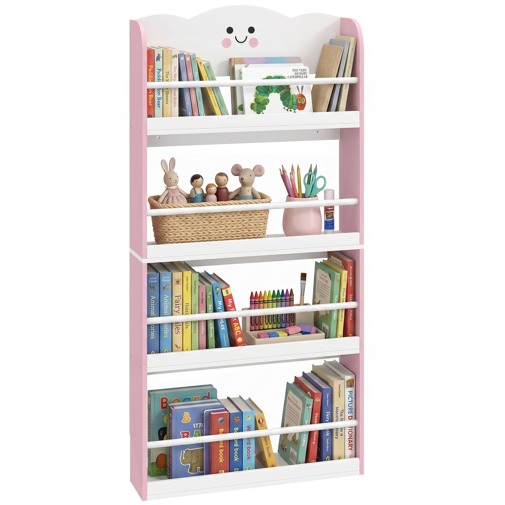 4 Tier Kids Bookshelf, Wall-Mounted Children Bookcase, Toddler Space-Saving Bookcase for Kids Room, Playroom, Pink