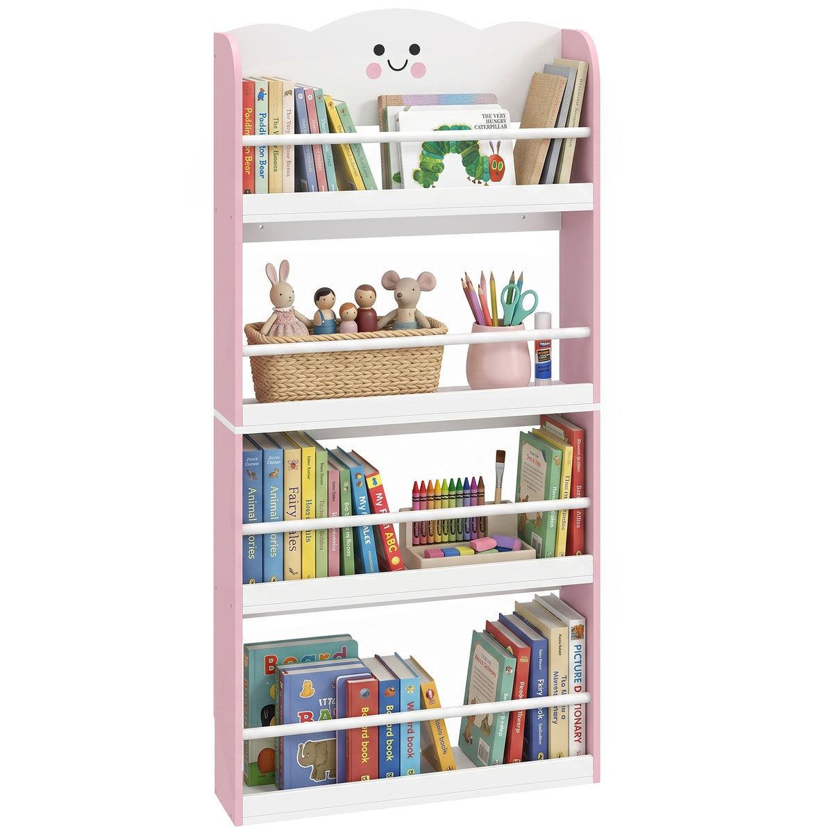 4 Tier Kids Bookshelf, Wall-Mounted Children Bookcase, Toddler Space-Saving Bookcase for Kids Room, Playroom, Pink
