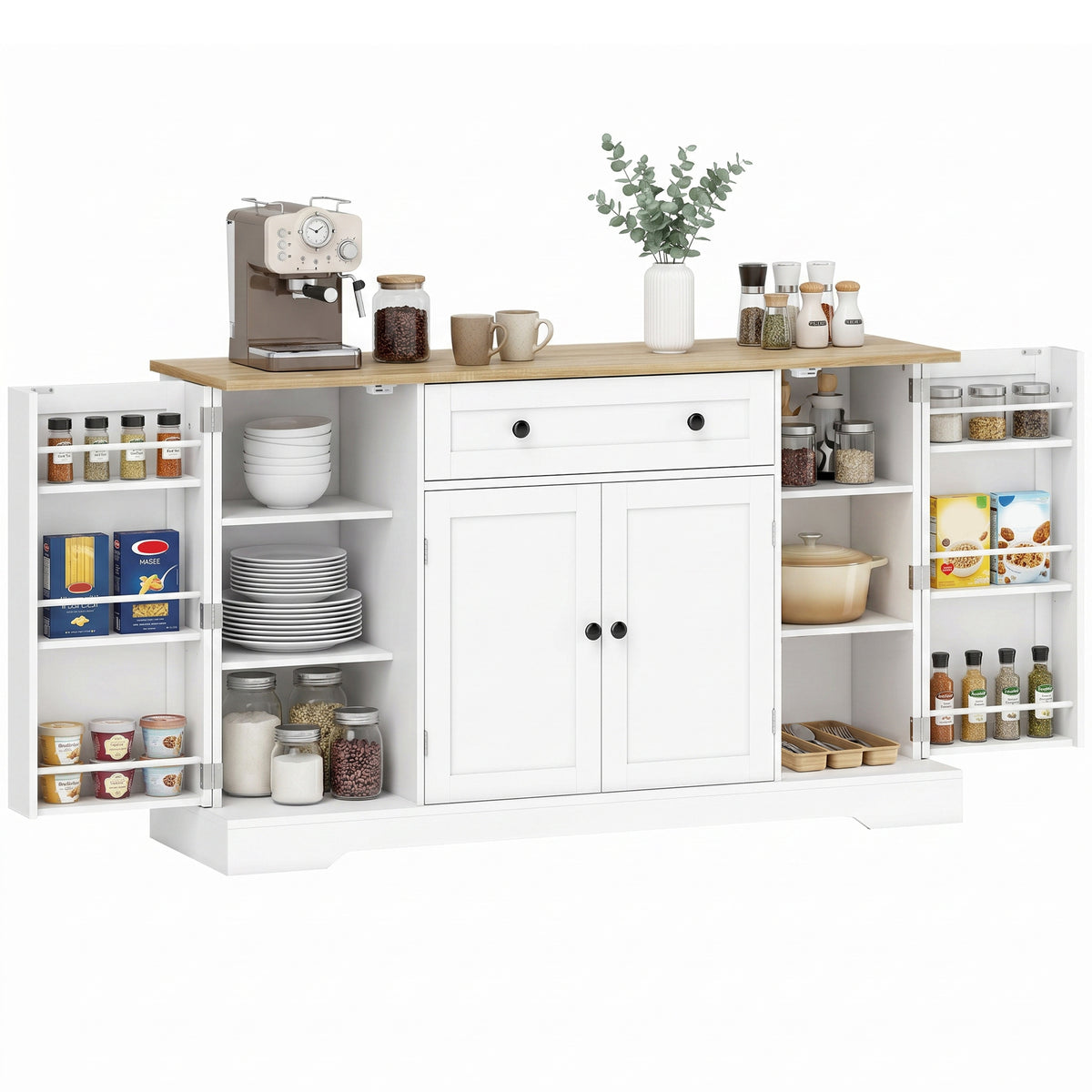 Sideboard Küchenschrank mit 4 Türen, Schublade, Verstellbaren Regal, Türregalen für Küche, Esszimmer, 138x40x85cm, Weiß