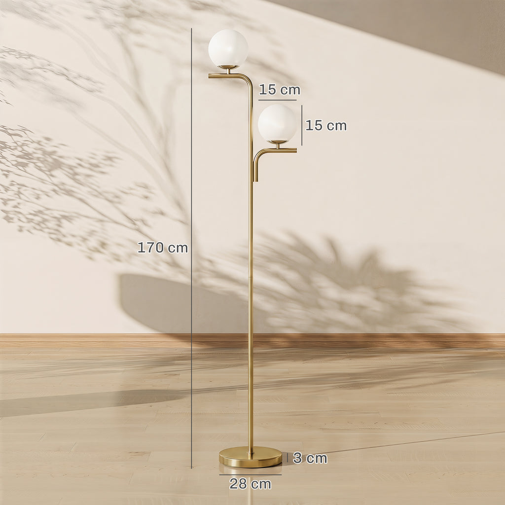 LED-Stehlampe, moderne Lampe mit 3 Farbtemperaturen, Glaskugelschirme und Fußschalter, Gold
