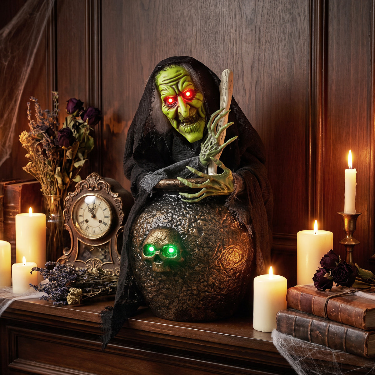 Animierte Halloween-Tischhexe mit Lachsound, leuchtenden Augen und Sound-/Touch-Aktivierung
