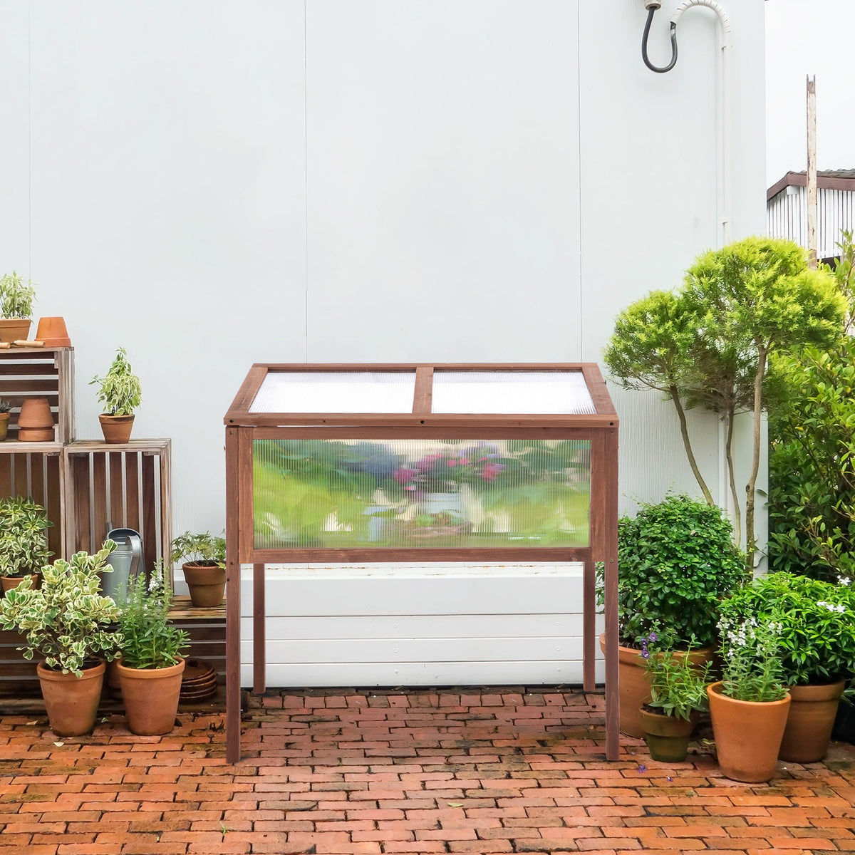 Hochbeet aus Holz Frühbeet 90 x 50 x 93 cm Gewächstisch mit Abdeckung wetterfes Kräuterbeet Pflanzkasten für Garten, Balkon und Terrasse Braun