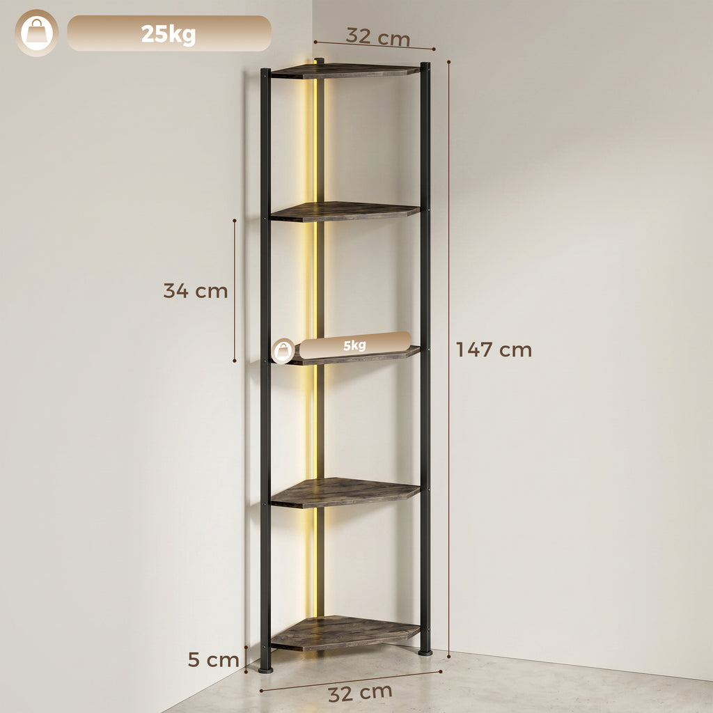 Bücherregal 5-stöckiges Eckregal mit LED-Beleuchtung für Wohnzimmer, Schlafzimmer, Büro, Rustikal Braun