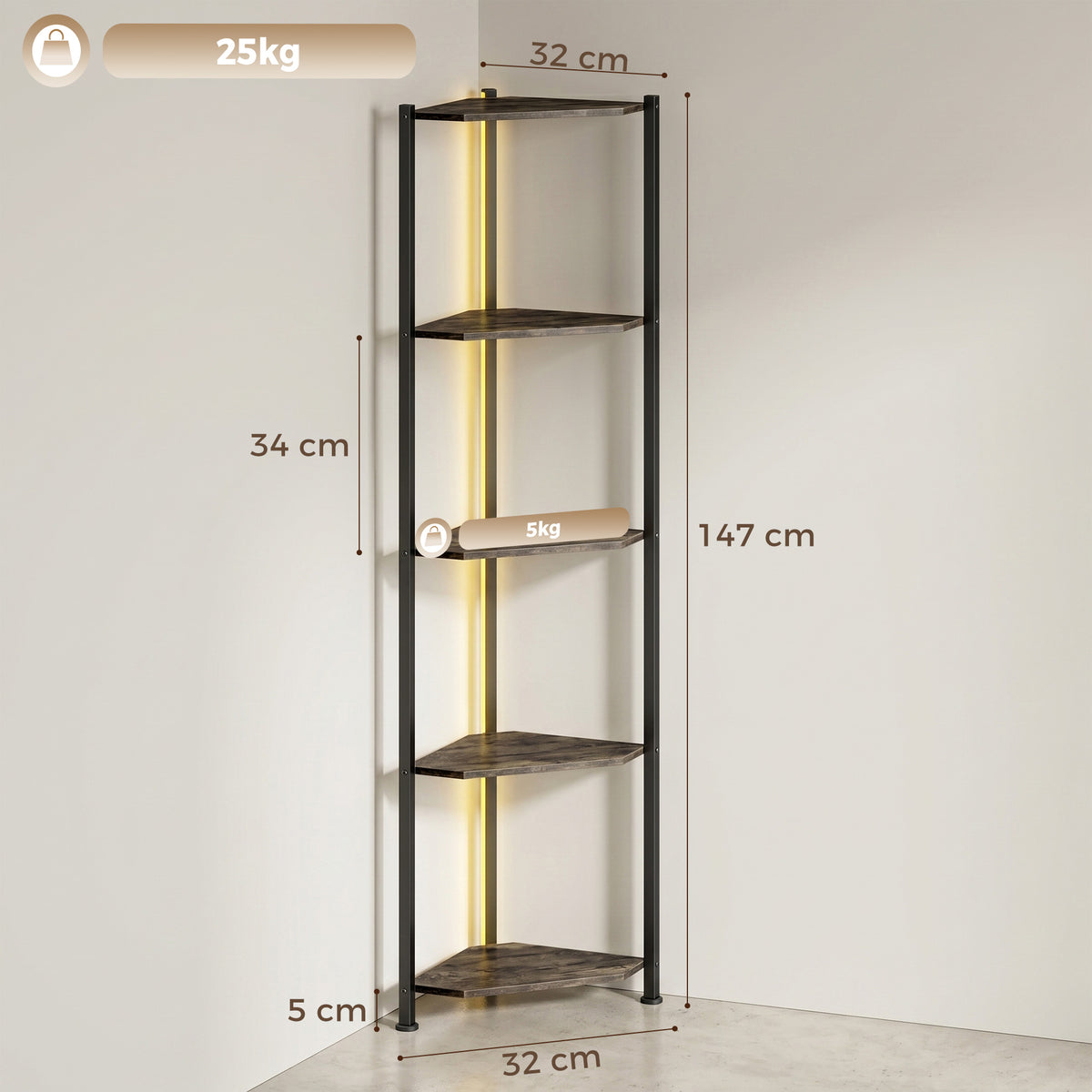 Bücherregal 5-stöckiges Eckregal mit LED-Beleuchtung für Wohnzimmer, Schlafzimmer, Büro, Rustikal Braun