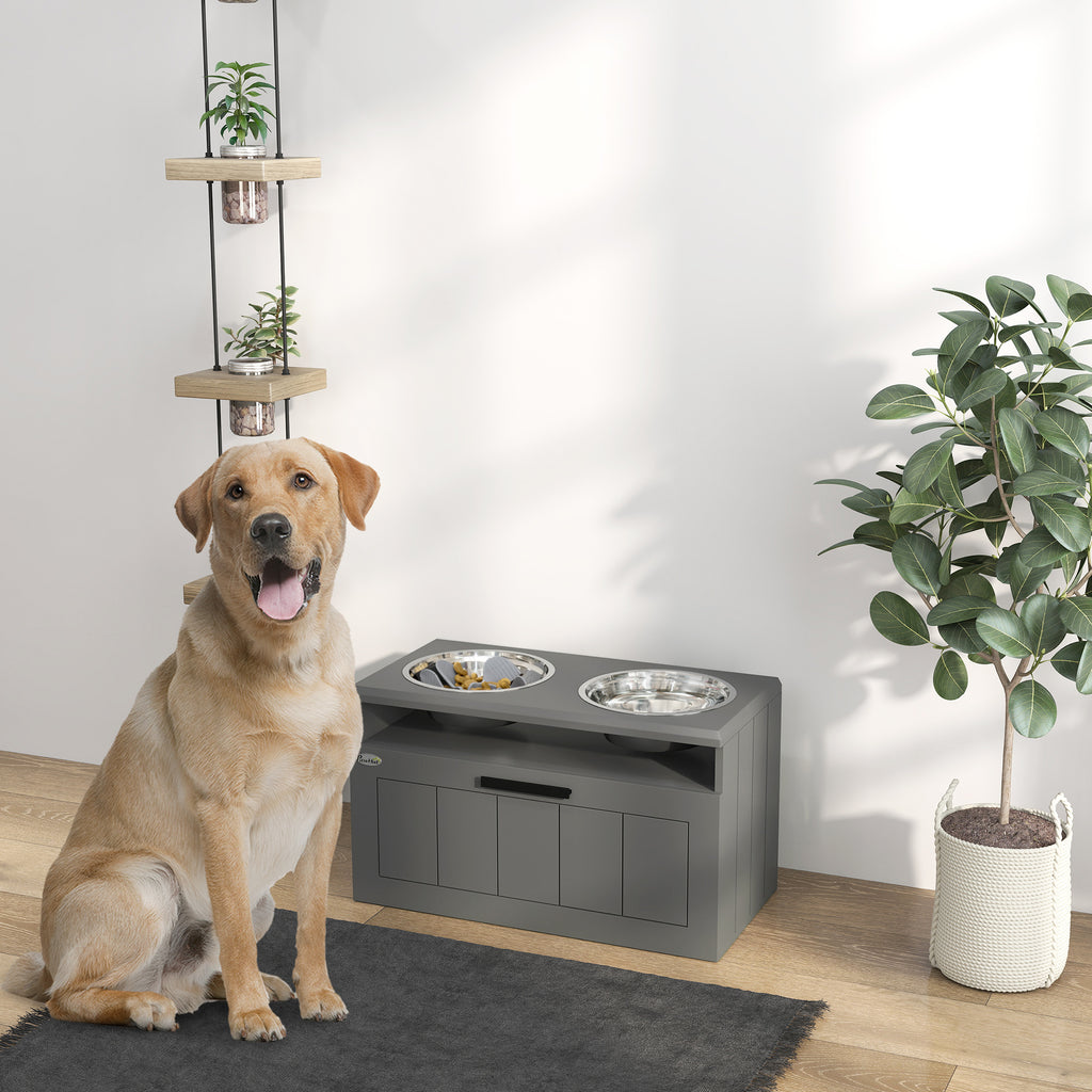 Raised Dog Bowl with Slow Feeder, Two Stainless Steel Dog Bowls, Drawer, for Large and Extra Large Dogs, Grey