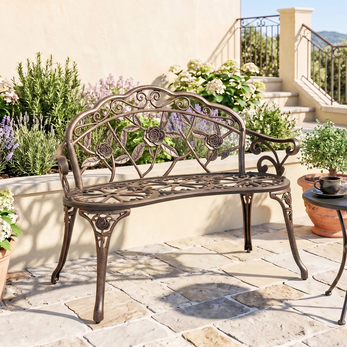 Gartenbank 2-Sitzer aus Metall, Sitzbank im Retro Stil, Parkbank mit Blumenmuster 100 x 54 x 78 cm, Bronze