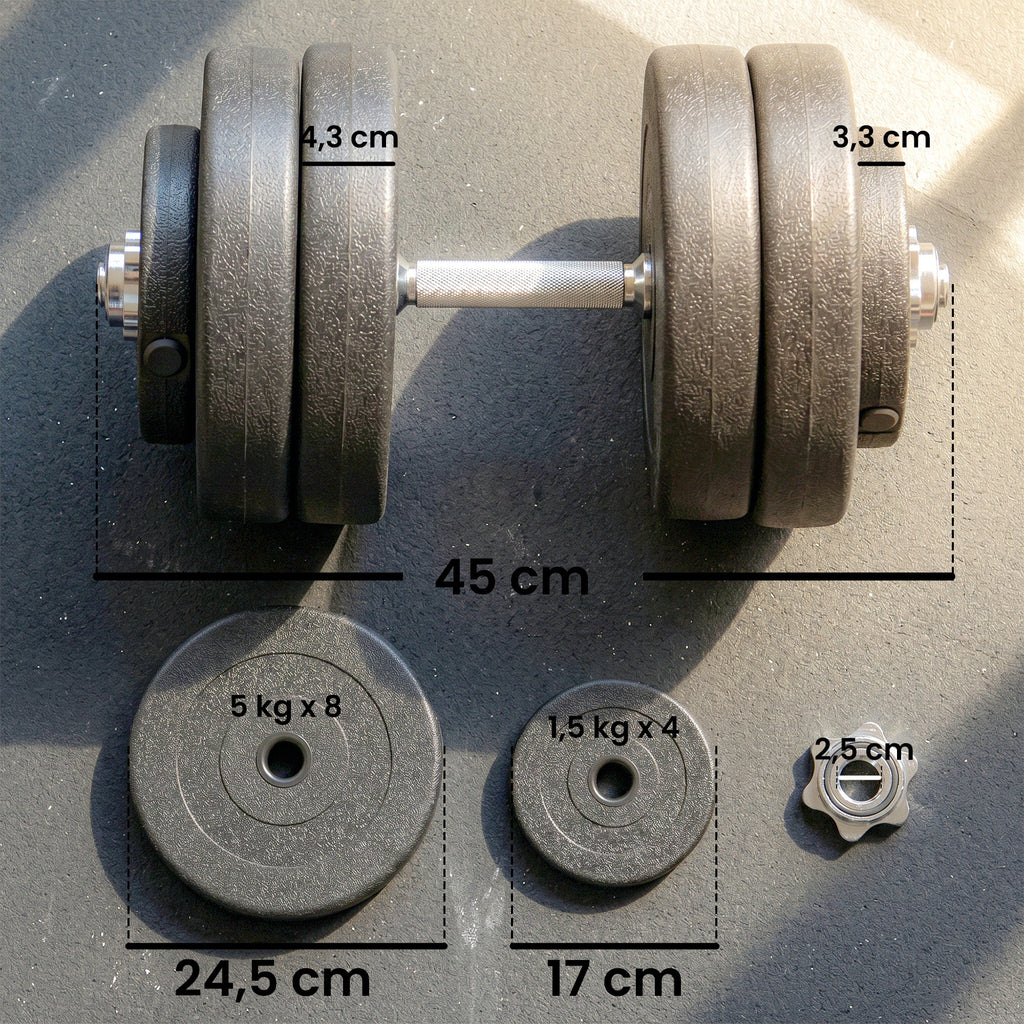 Kurzhantel-Set 8 x 5 kg, 4 x 1,5 Hantelscheiben mit Kunststoffhülle, bodenschonend, Schwarz
