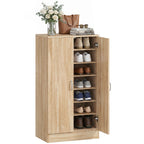 Schuhschrank mit 2 Türen, 6 verstellbare Regalböden, Soft-Close-Scharniere für 14 Paar Schuhe, Naturholz