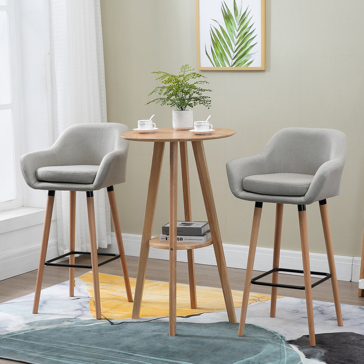Set of 2 Bar Stools Modern Upholstered Seat Bar Chairs w/ Metal Frame, Solid Wood Legs Living Room Dining Room Fabric Furniture - Beige