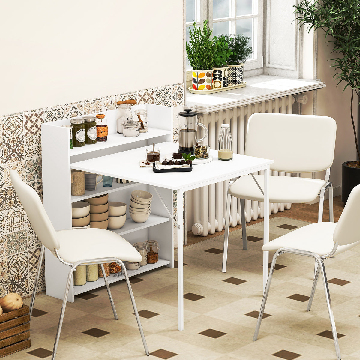 Kitchen Table, Folding Dining Table, with 4-Tier Shelves, Modern Drop-Leaf Table, White