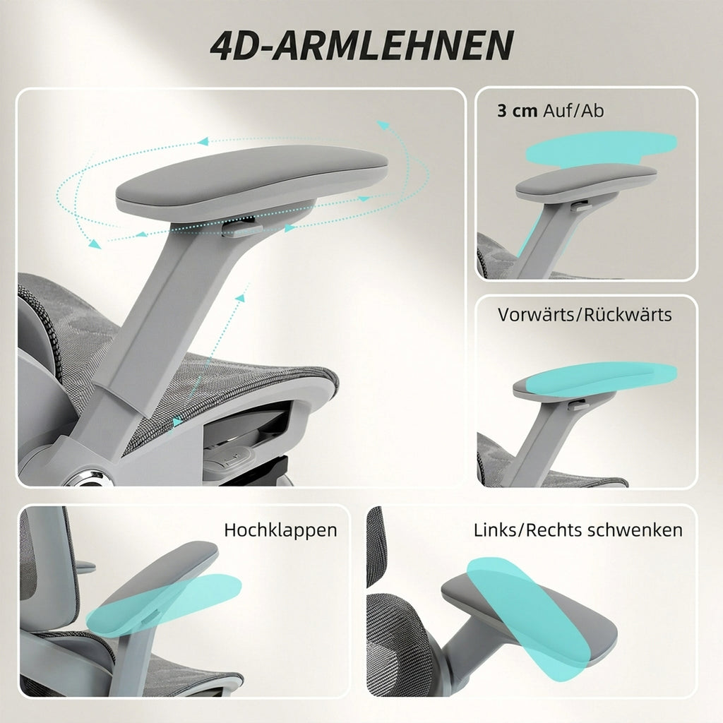 Ergonomischer Bürostuhl, Mesh-Computersessel mit separatem Rücken, Lendenstütze, 4D klappbare Armlehnen, Grau