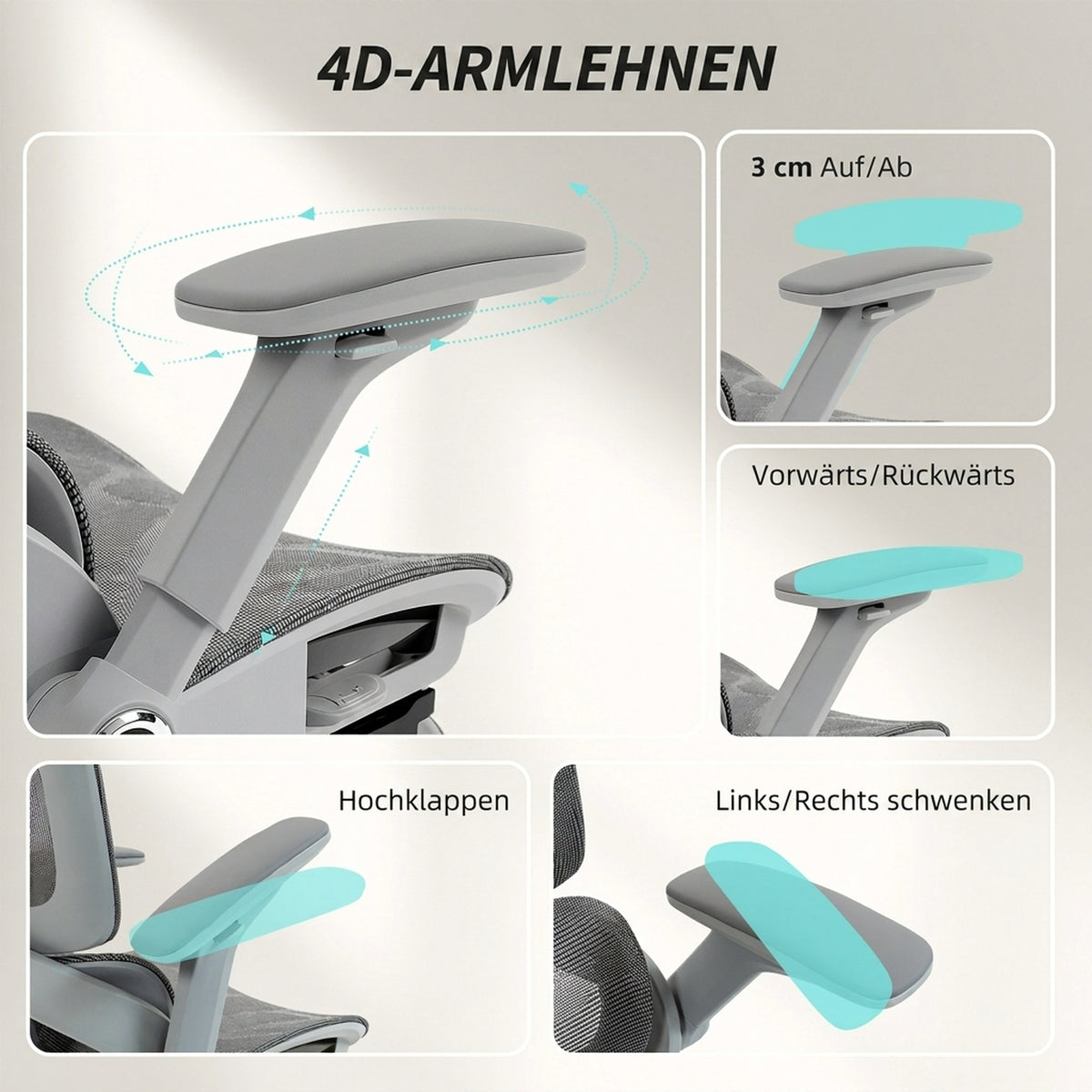Ergonomischer Bürostuhl, Mesh-Computersessel mit separatem Rücken, Lendenstütze, 4D klappbare Armlehnen, Grau