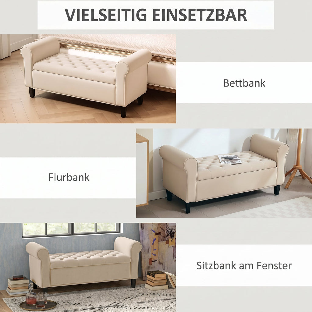 Sitzbank im Vintage-Design, Sitzbank mit Stauraum, Samtoptik, Beige