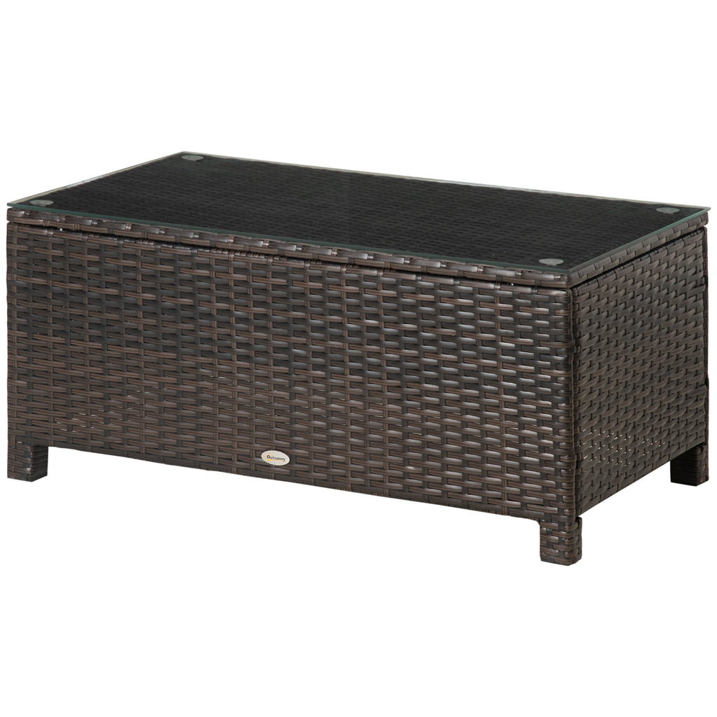 PE Rattan Garden Coffee Table with Glass Table Top - Brown