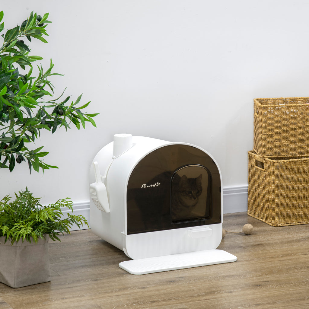 Hooded Cat Litter Box, Kitten Litter Tray, with Lid, Scoop, Filter, Flap Door