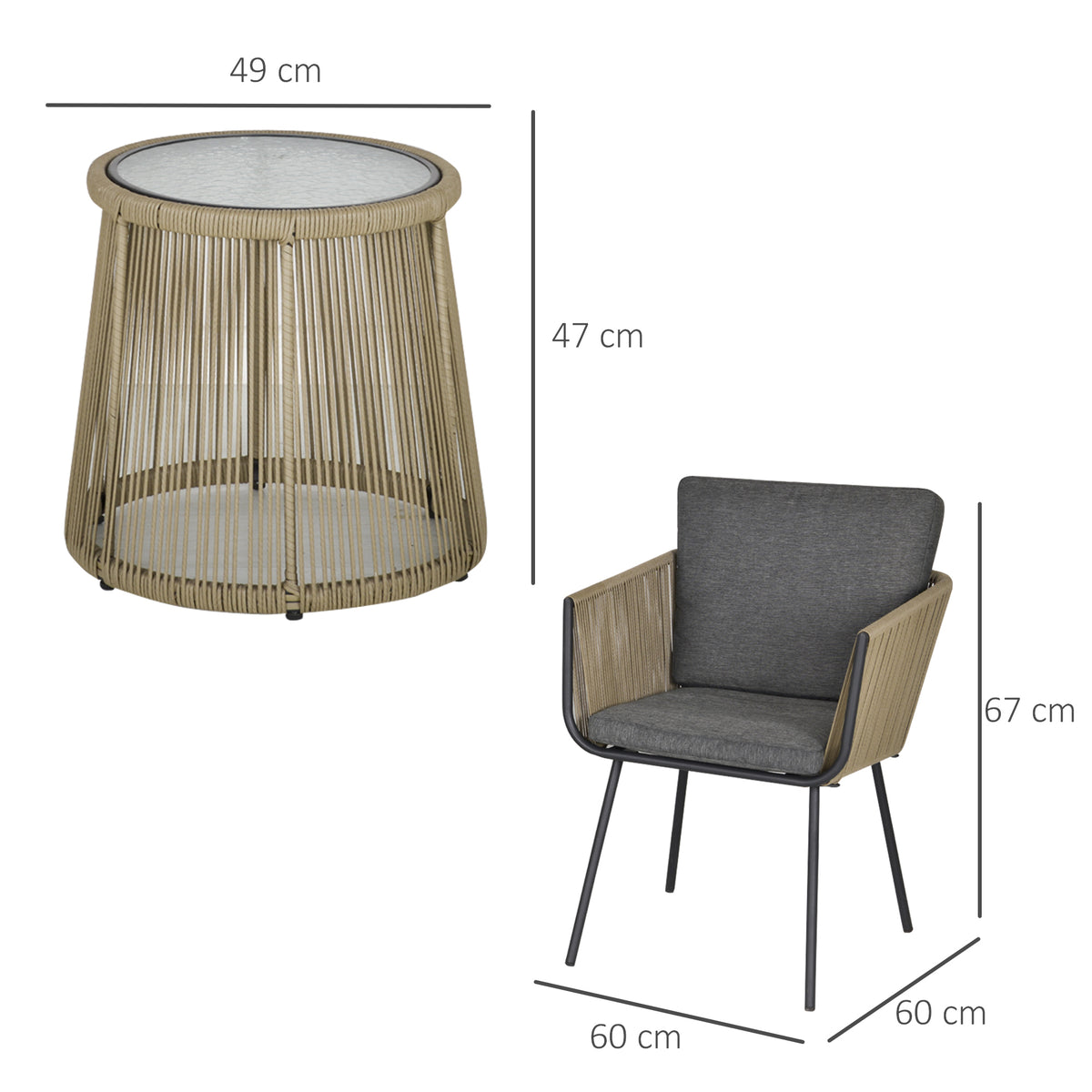3-teilige Sitzgruppe, 2 Stühle, Beistelltisch, Sitz- & Rückenkissen, Hartglas-Tischplatte, Kunstrattan, Grau